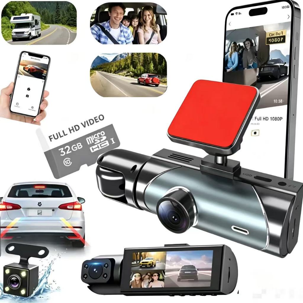 Câmera Veicular Interna Tripla Wifi Loop Visão Noturna 32g HD 1080P 3 Lentes - LM TECH STORE