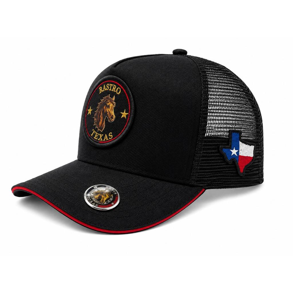 Boné Trucker Rastro Texas Preto Aba Curva com borda vermelha Tela Country Premium Dia a Dia Envio Imediato