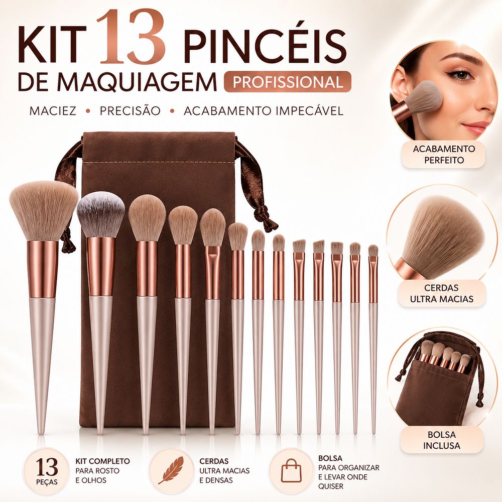 Kit 13 Pçs Pincéis de Maquiagem Profissional Completo para Base Contorno Blush e Sombra