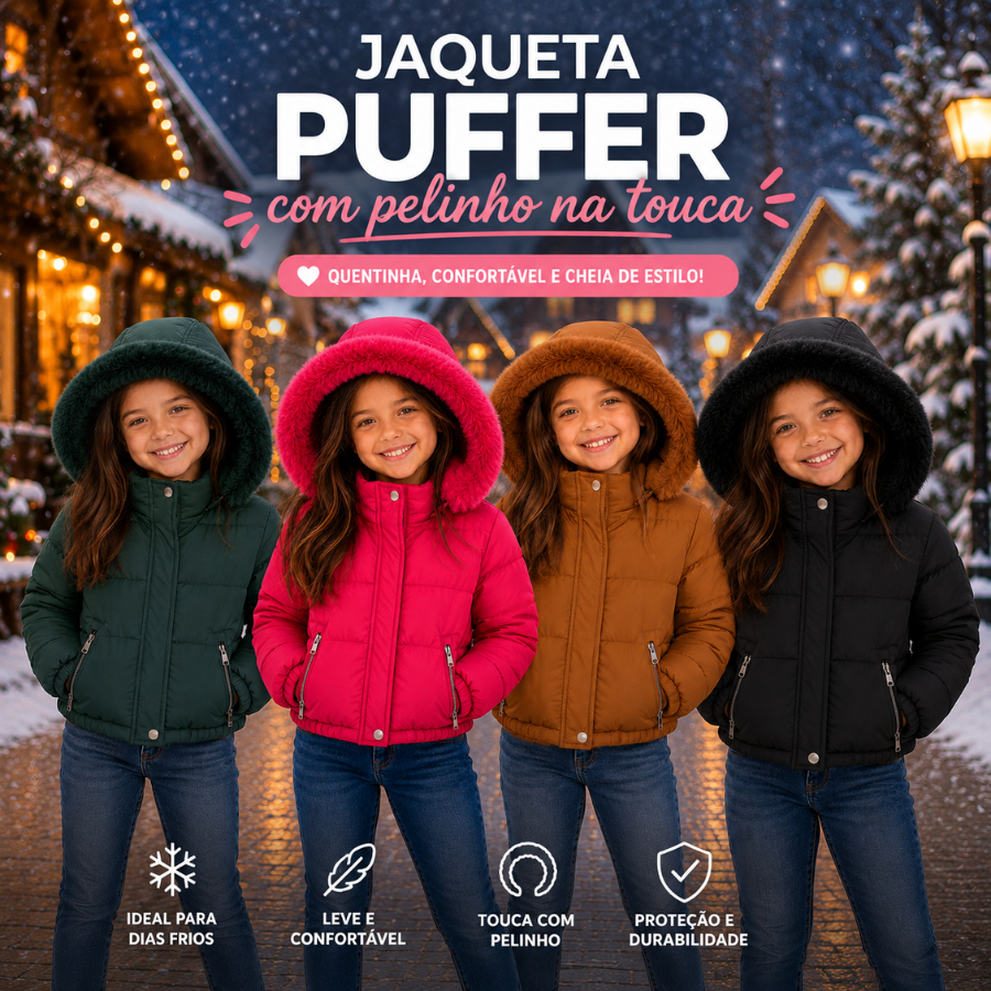 Jaqueta Puffer Infantil Juvenil Forrada Pelinho Menina Teen Blusa Inverno Frio Neve
