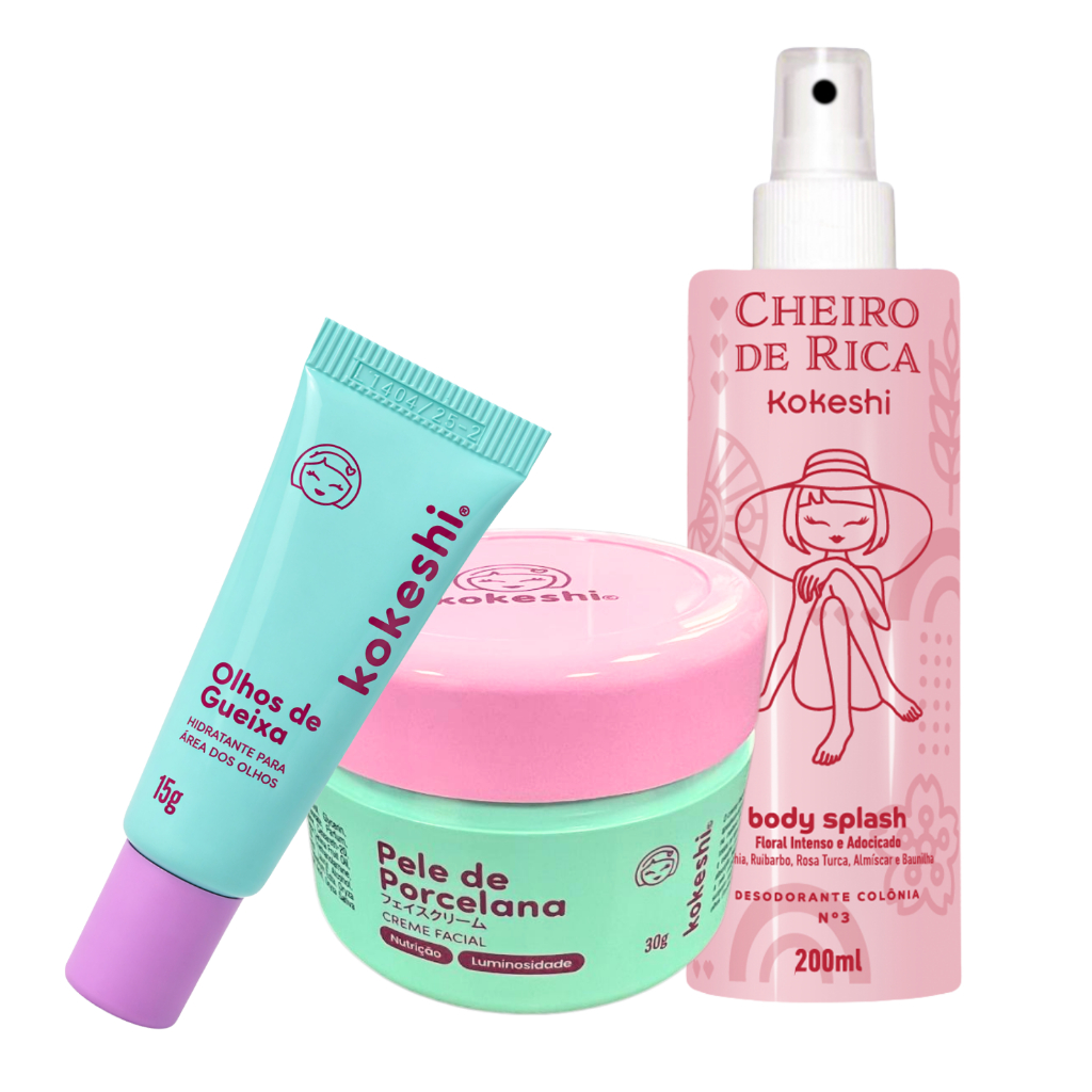Kit Kokeshi Frescor Hidratação Perfumação Pele de Porcelana Olhos Gueixa Cheiro