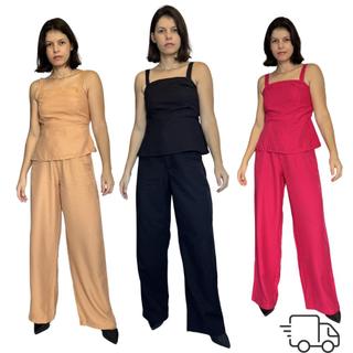 Conjunto Feminino Alfaiataria Calca Pantalona Blusa sem Manga Marrante Sensorial