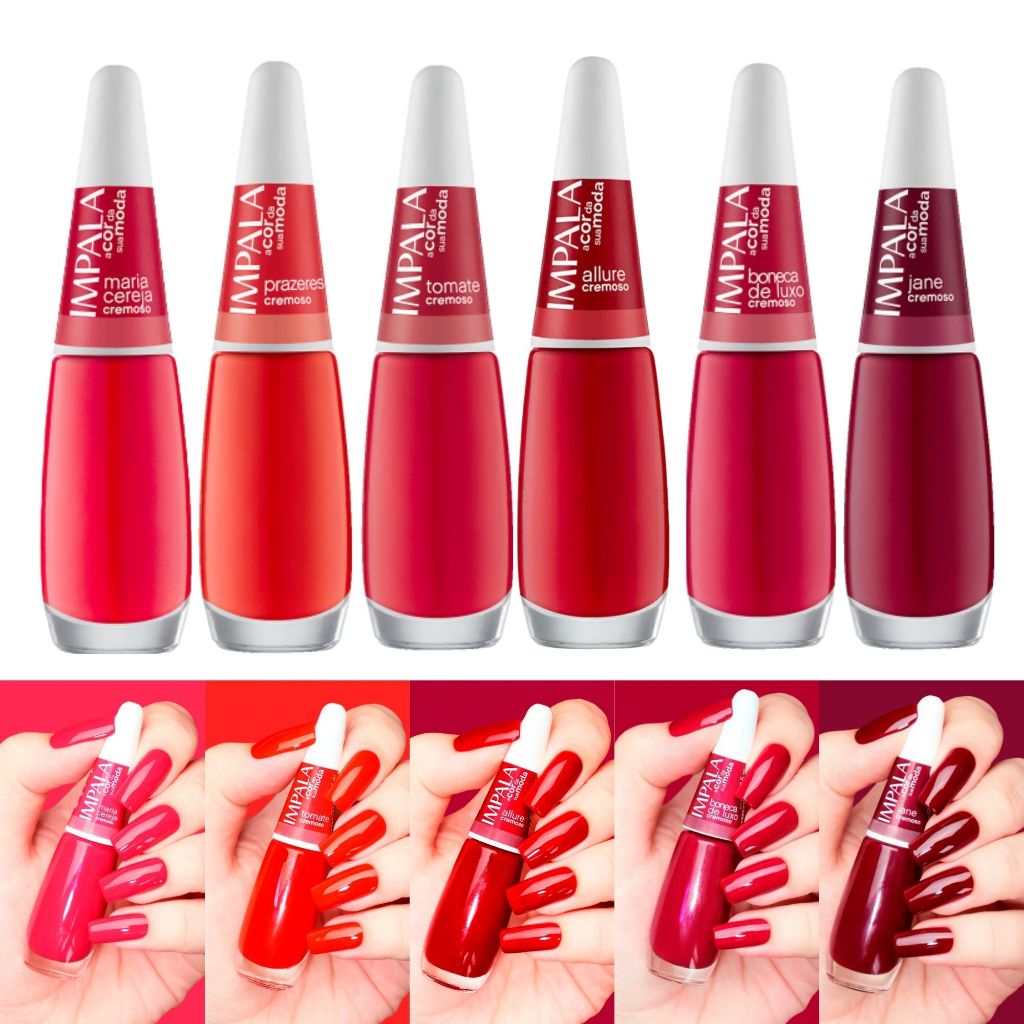 Kit 6 Esmaltes Impala Atacado Tons Vermelho Cremoso Intenso Cobertura Perfeita
