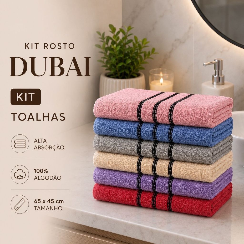 Kit 6 Toalhas de Rosto Dubai 100% Algodão 65x45cm Cores Sortidas