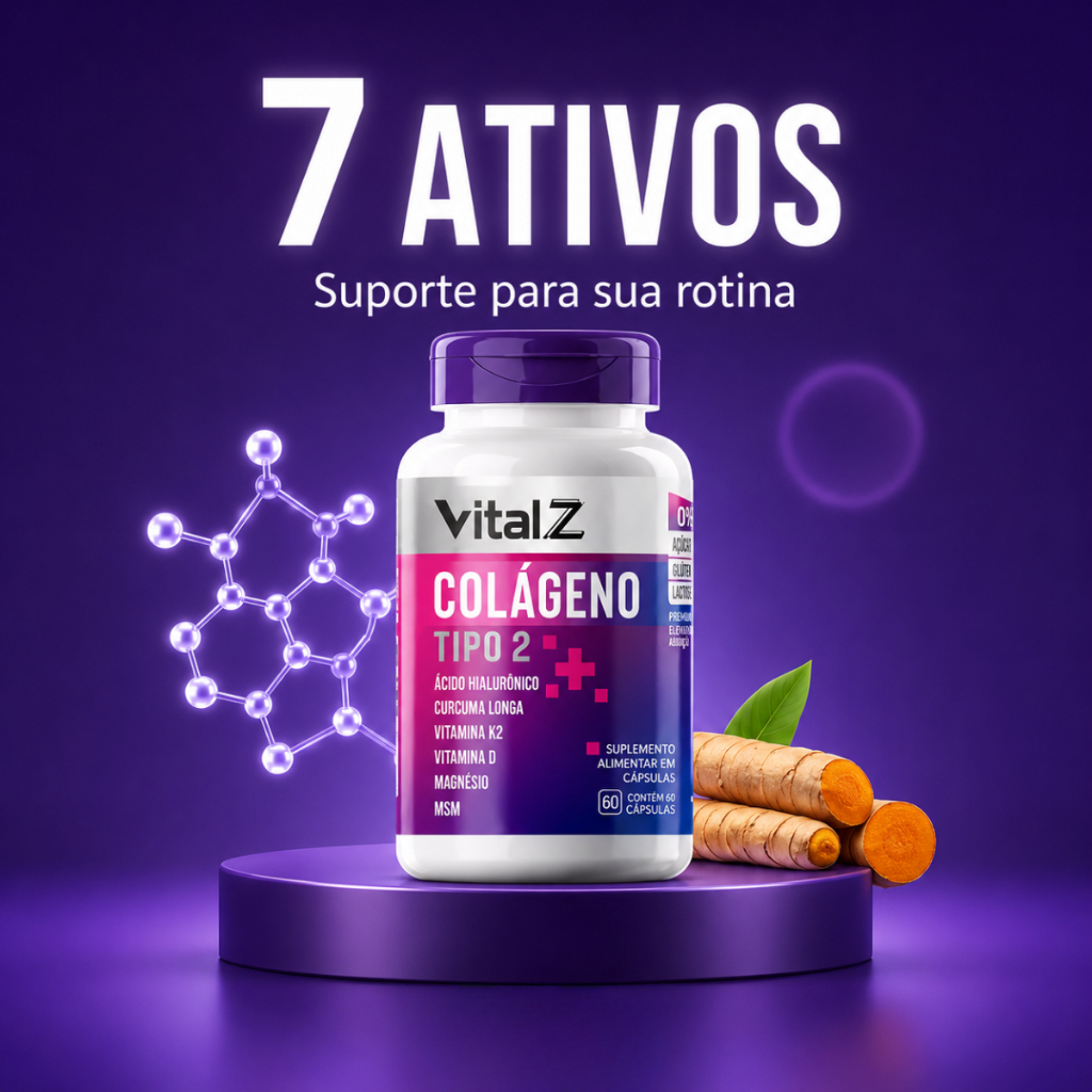 Colágeno Tipo 2 + Ácido Hialurônico + Cúrcuma + Vitaminas K2 e D – 60 Cápsulas Vital Z