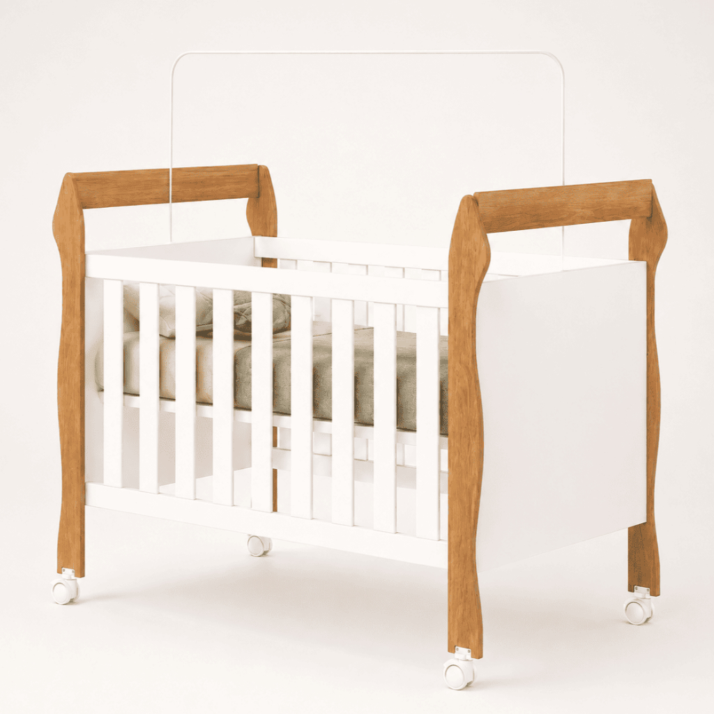 Berço Americano Soninho Branco/Amadeirado Vira Mini Cama Rodízios Compacto Infantil Colchão Incluso - AV