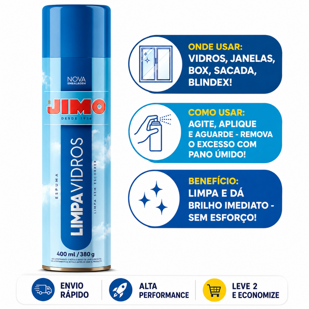 Jimo Limpa Vidros Spray Sem Enxágue Superfície Limpa e Brilhante 400ml Espelho Blindex Brilho