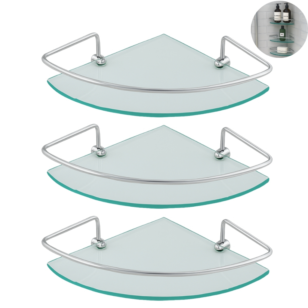 Kit 3 Porta Shampoo De Canto Luxo Prateleira Vidro Para Banheiro Ou Cozinha Organizador De Box