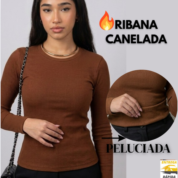 Blusa Feminina Ribana Canelada Manga Longa Básica Gola Redonda