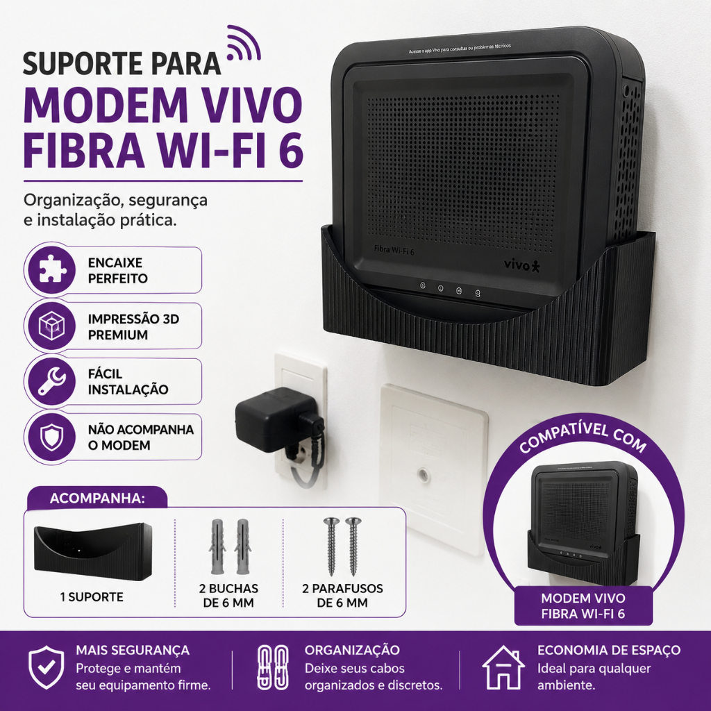 Suporte parede Modem Vivo Fibra / Roteador Vivo Fibra wifi 6 efeito ripado