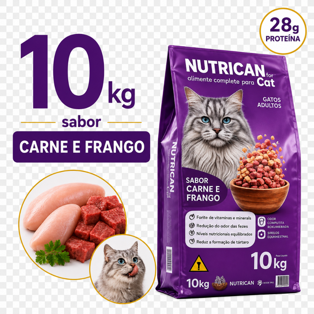 Ração para Gatos Adultos Nutrican Cat Carne e Frango 10,1kg – Alimento Premium Completo, Nutrição Balanceada, Proteínas