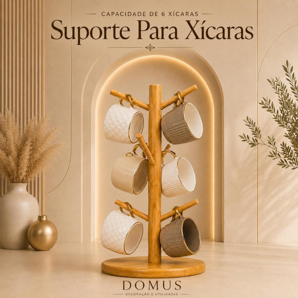 Suporte De Caneca Xícara Café da Manhã 6 Ganchos Bambu Decoração Cozinha