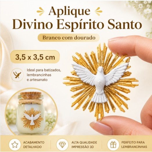 Aplique Divino Espírito Santo 3D c/ Resplendor - Kit Pombinha Lembrancinha Batizado Crisma Casamento Convite
