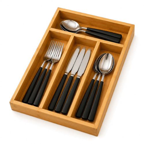 Organizador de Gaveta Porta Talheres de Bambu 4 Divisórias Cozinha Utensílios