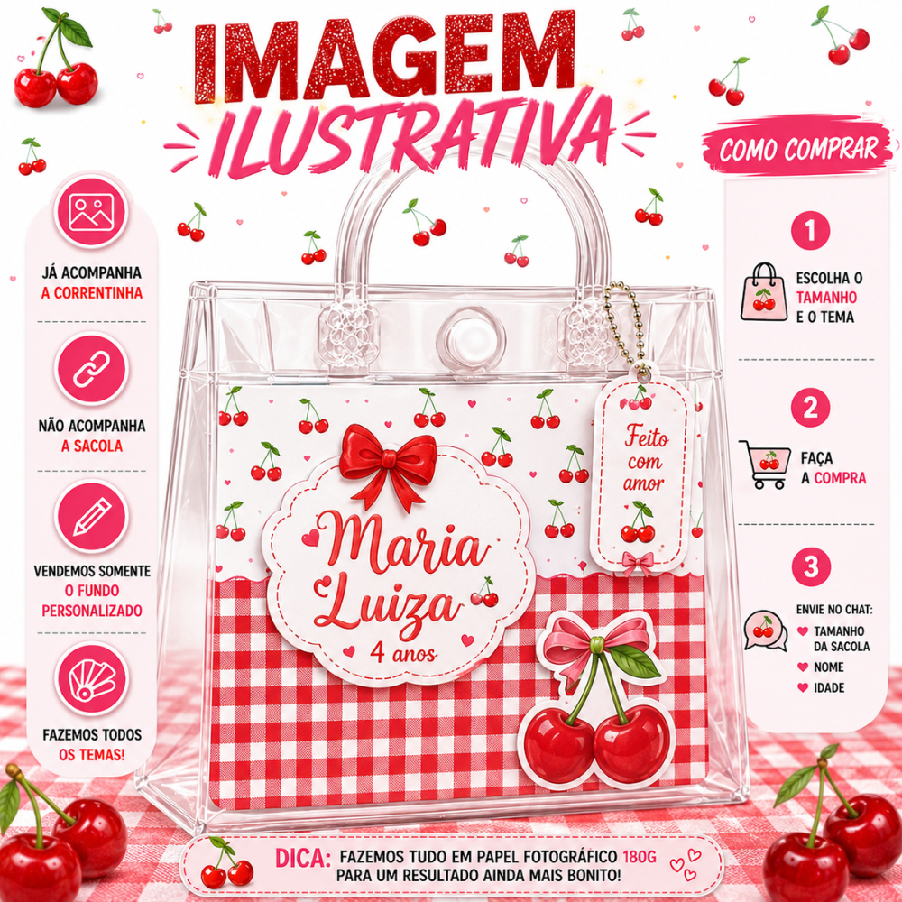 Fundo Decoração interna para sacolinha transparente  Personalizado | Lembrancinha Aniversário |cerejinha QUALQUER TEMA