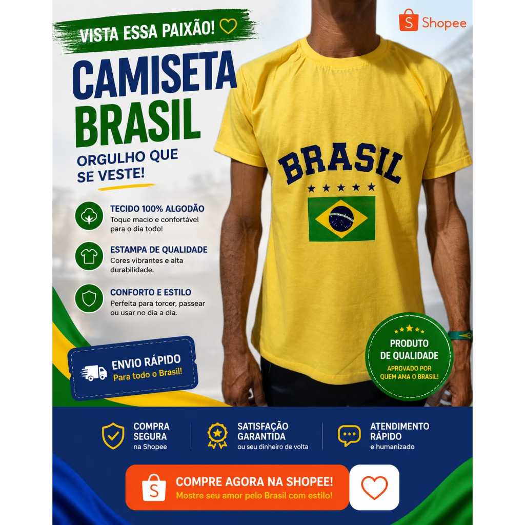 Camiseta Masculina 100% ALGODÃO Feminina  Estampa Alta Brasil Amarela Unissex Feminina Qualidade, Confortável e Durável