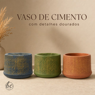 Vaso Cachepot Redondo Colorido de Cimento com Detalhes Dourados