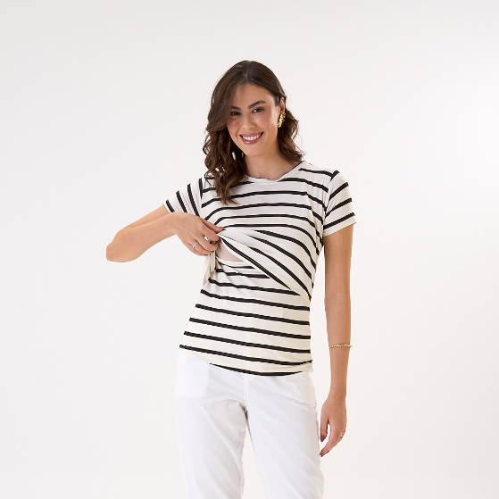 Blusa de Amamentação Listras Preta Abertura Prática Manga curta Camiseta Pós-Parto Confortável Moda maternidade gestante