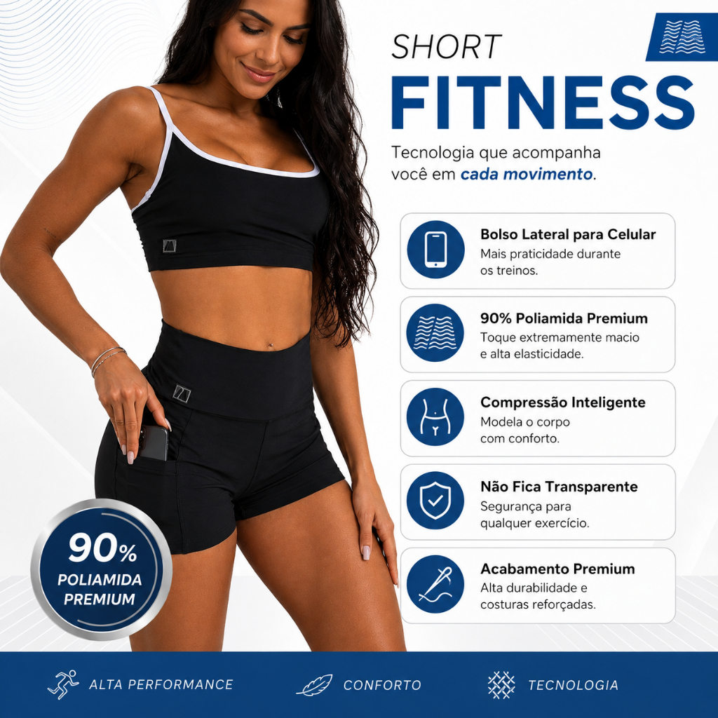 Bermuda Fitness Feminina Poliamida Bolso Cós Alto Short Academia Treino e Corrida Sem Transparência