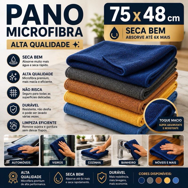 Kit Pano Microfibra 73x48cm Grande – Alta Absorção Limpeza Carro Vidro e Casa