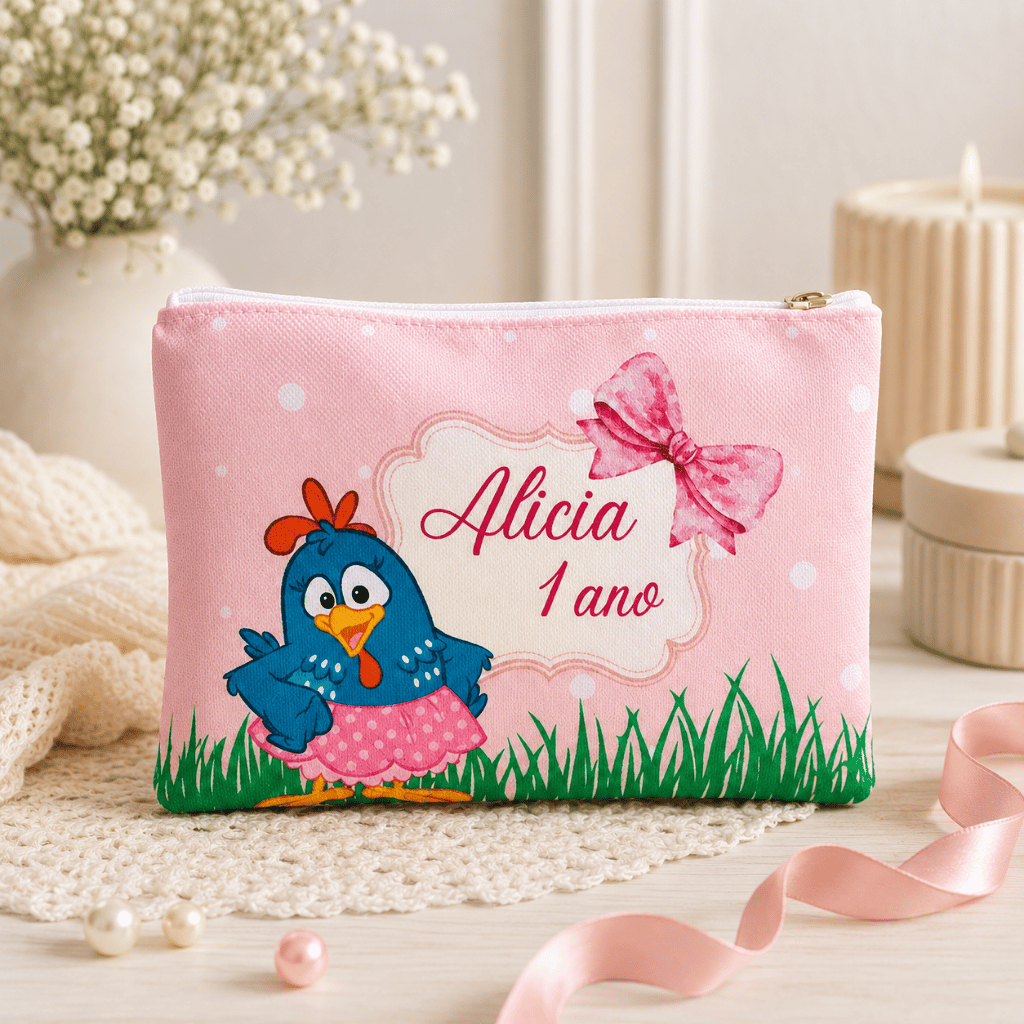 kit 5/10 necessaire bolsinha galinha pintadinha lembrancinha PERSONALIZADA com nome para aniversário menina festa