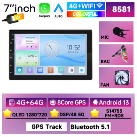 Central Multimídia Android carplay 8 core 7 Pol  Wifi android auto CHIP 4G