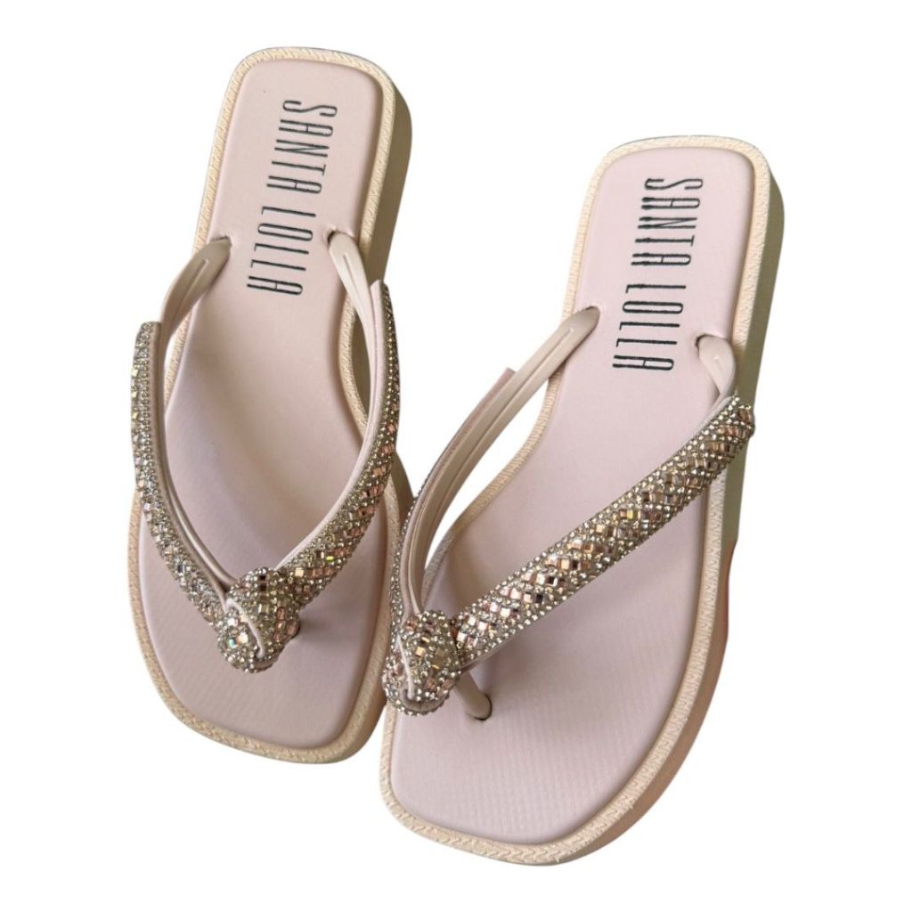 Sandália rasteira feminina com strass bico quadrado confortável para dia a dia chinelo elegante colorido Conforto