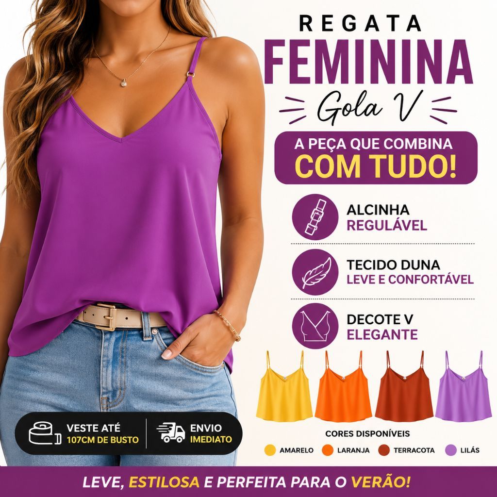 Blusa Regata Feminina Alça Regulável Blusinha Alcinha Gola V Tecido Duna