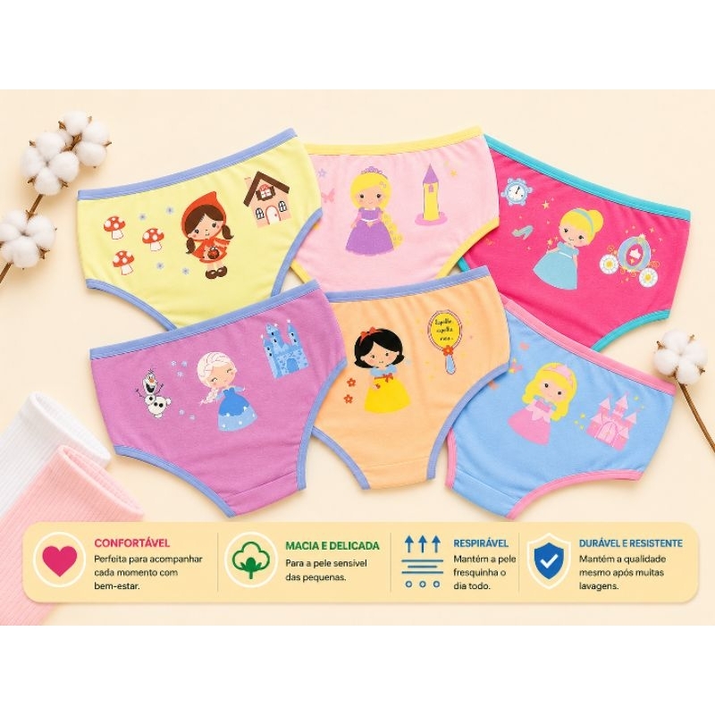 Calcinhas Infantis Algodão Premium confortável para desfralde não aperta kits Estampas variadas