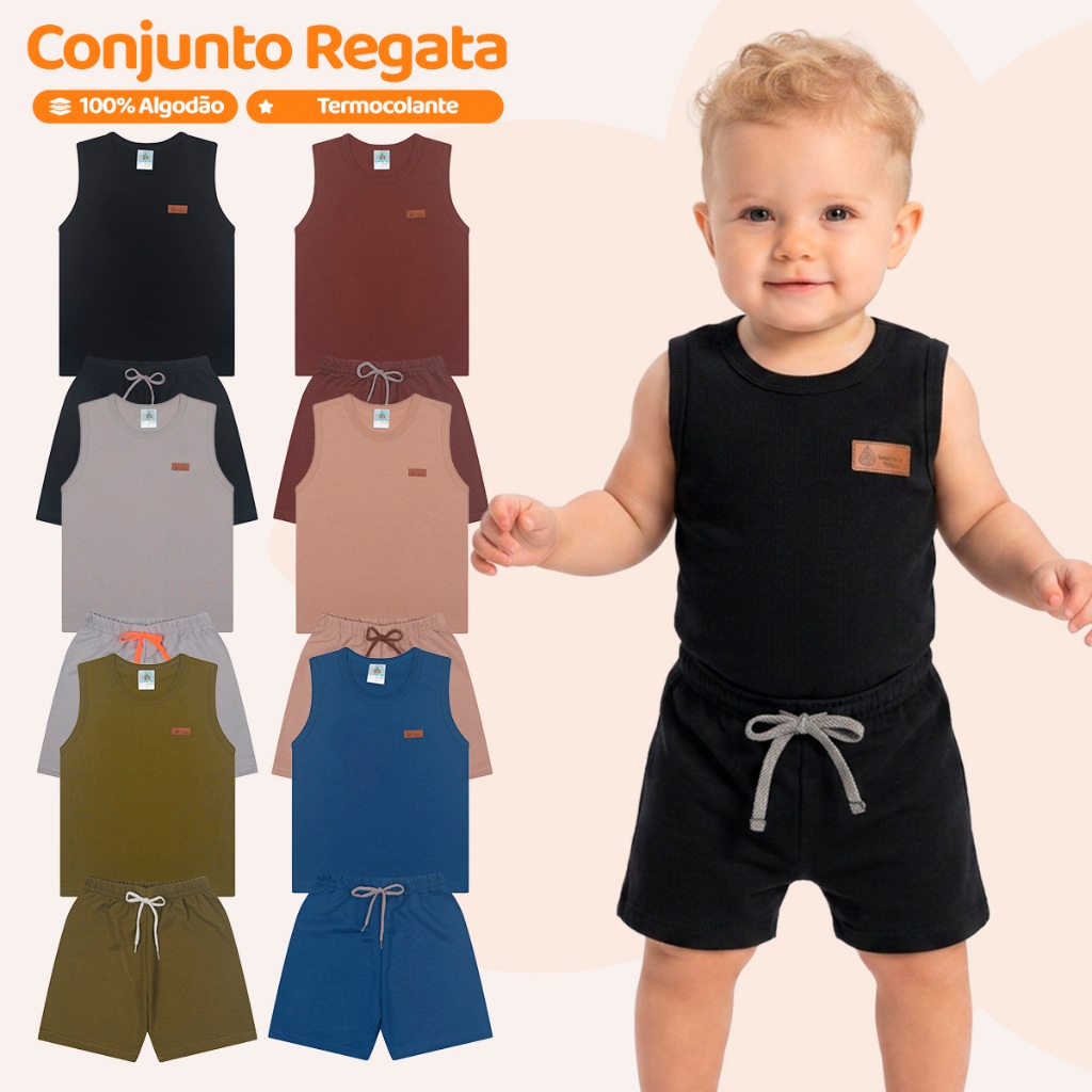 Kit 2 Conjuntos Regatas Monocromático Bebê Menino Básica Lisa Camiseta Masculino