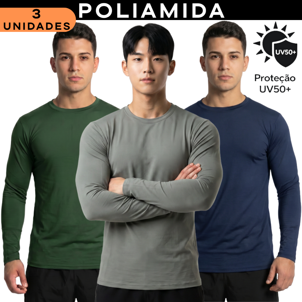 Kit 3 Camisas Térmicas Poliamida Manga Longa Masculina Uv50+ Anti Odor Não Amassa Academia Lisa