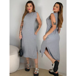 Vestido Midi Muscle Tee Feminino Com Fenda Lateral e Bolsos Soltinho 100% Algodão Casual