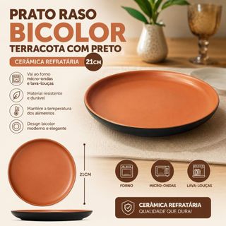 prato raso, prato raso 21 cm, prato de cerâmica, prato cerâmica refratária, prato bicolor, prato terracota, prato preto.