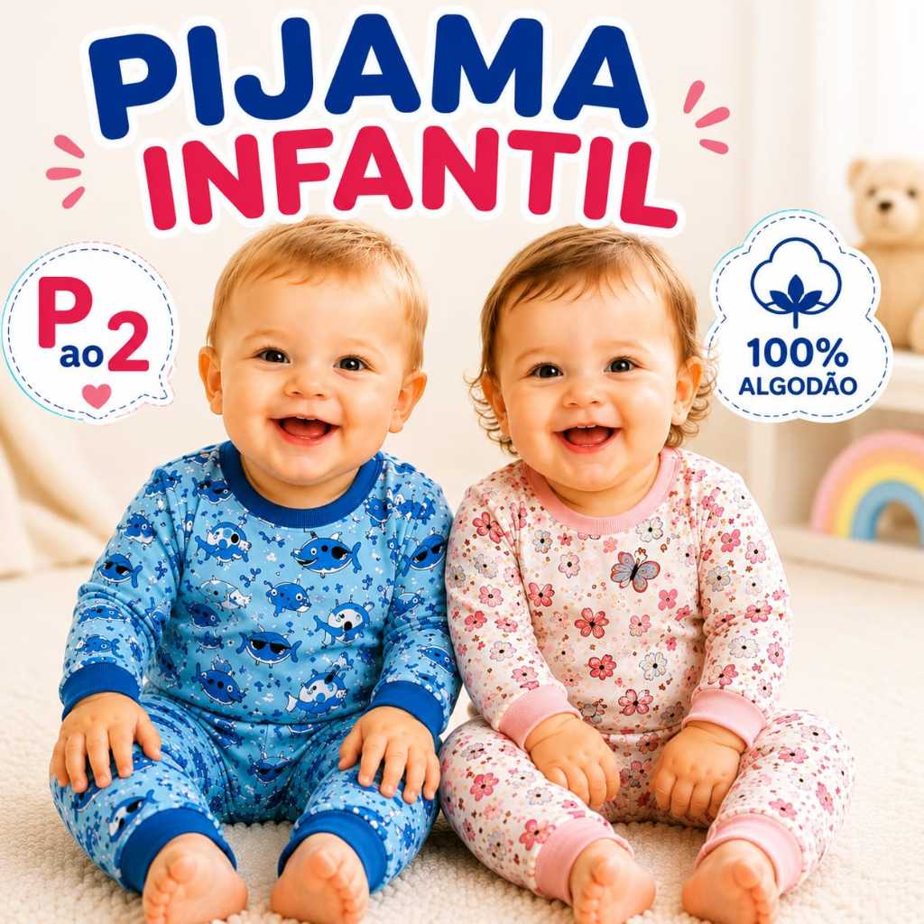 Conjunto Infantil Pijama Longo 100% Algodão Estampado Menino Menina P ao 2 anos