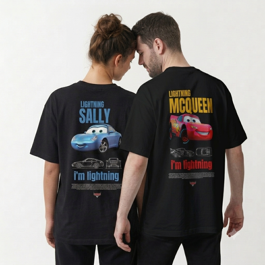 Camiseta Relâmpago McQueen E Sally Camisa Masculino Feminino 100% Algodão Premium Carros T-shirt Oversized Streetwear