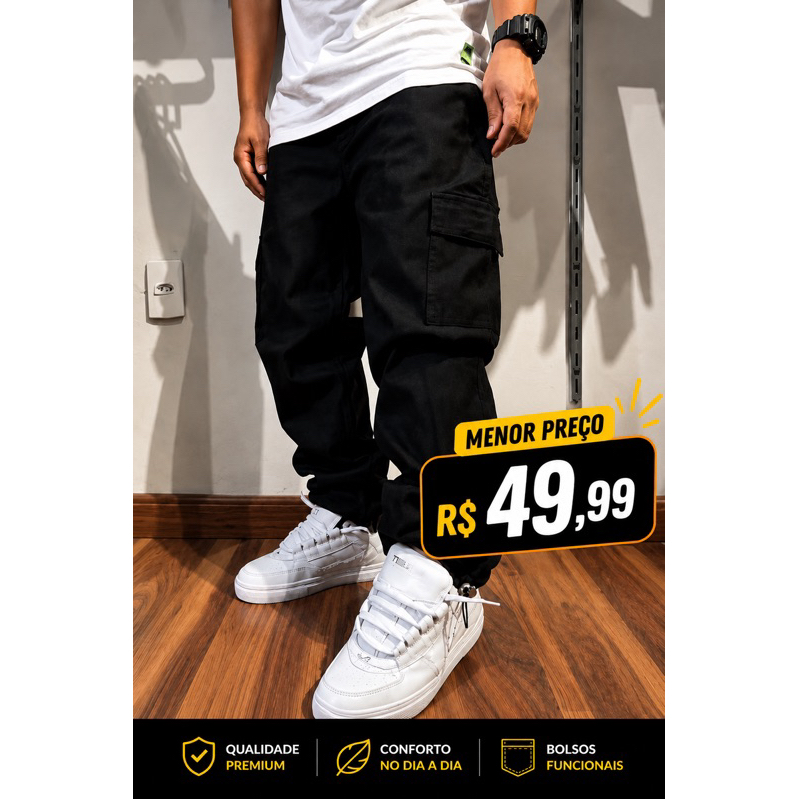 Calça Cargo Preta Boca Larga Unissex 6 Bolsos