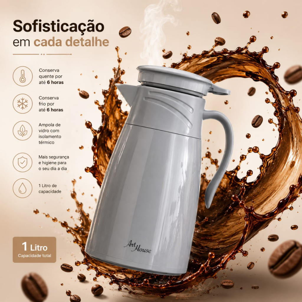 Garrafa Térmica Delicada - Garrafa De Café 1 Litro Cinza