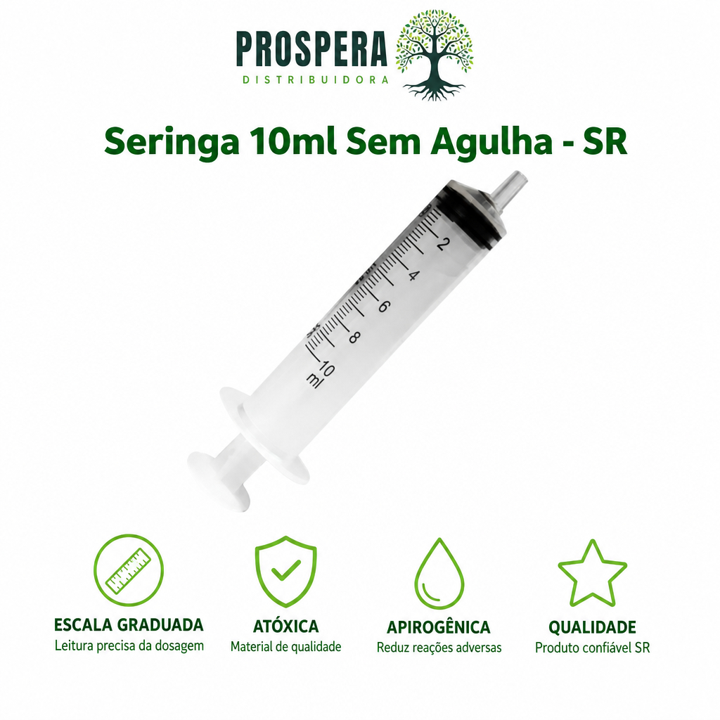 Seringa Hipodérmica 10 ML Sem Agulha - Luer SLIP - MARCA SR - Kit C/ 50, 100, 250 unidades