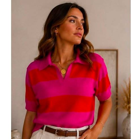 Blusa Polo Feminina Verão Listrada Elegante Tricô Modal Premium Confortável Manga Curta