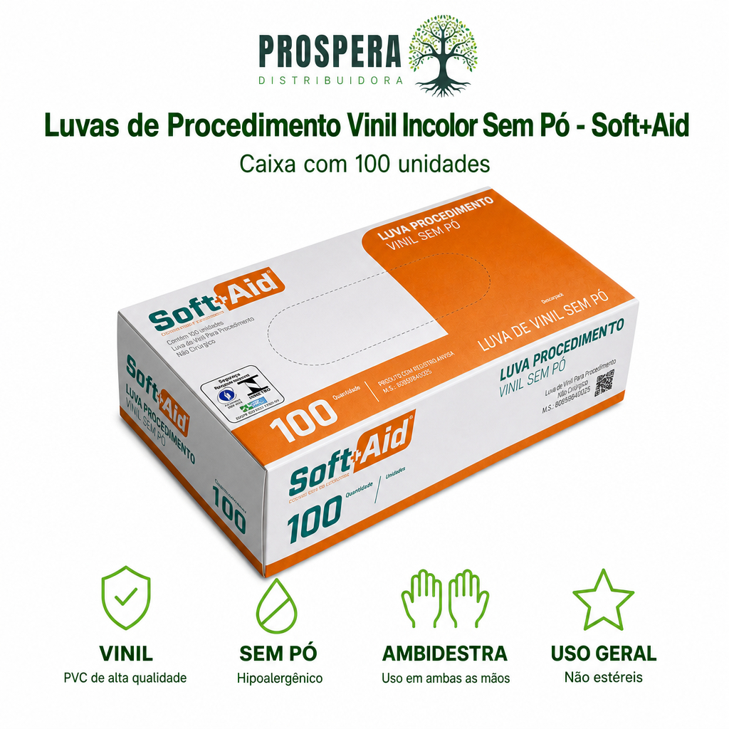 Luva de procedimento em VINIL incolor Sem pó - Tamanho P, M, G - Uso em saúde médico - Kit com 1 ou 3 caixas c/100 cada
