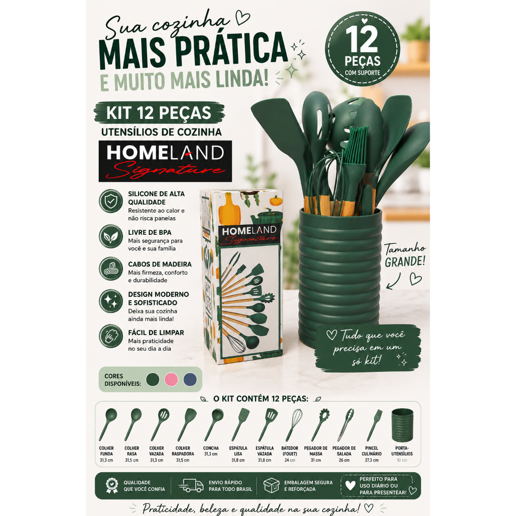 🌸 Kit Utensílios de Cozinha Silicone 12 Peças com Suporte | Cabo de Madeira | Resistente ao Calor | Livre de BPA