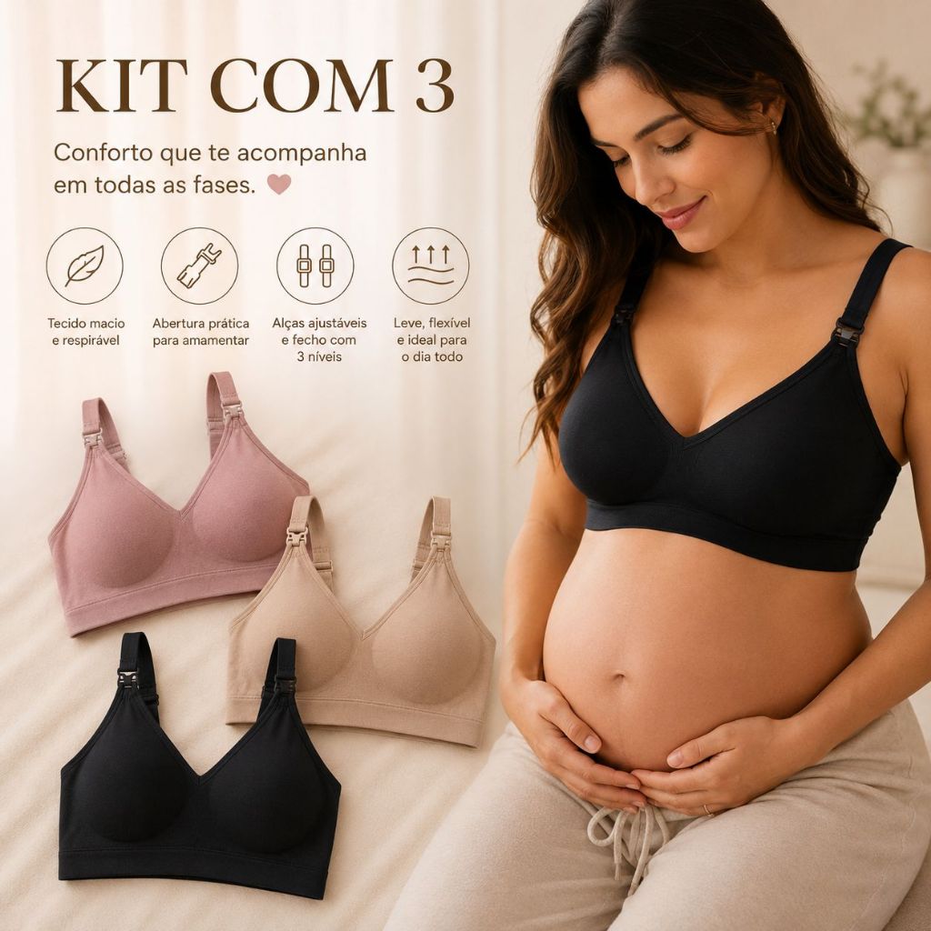 Kit 3 Sutiã de Amamentação Sem Costura Com Abertura Frontal Gestante Pós-Parto