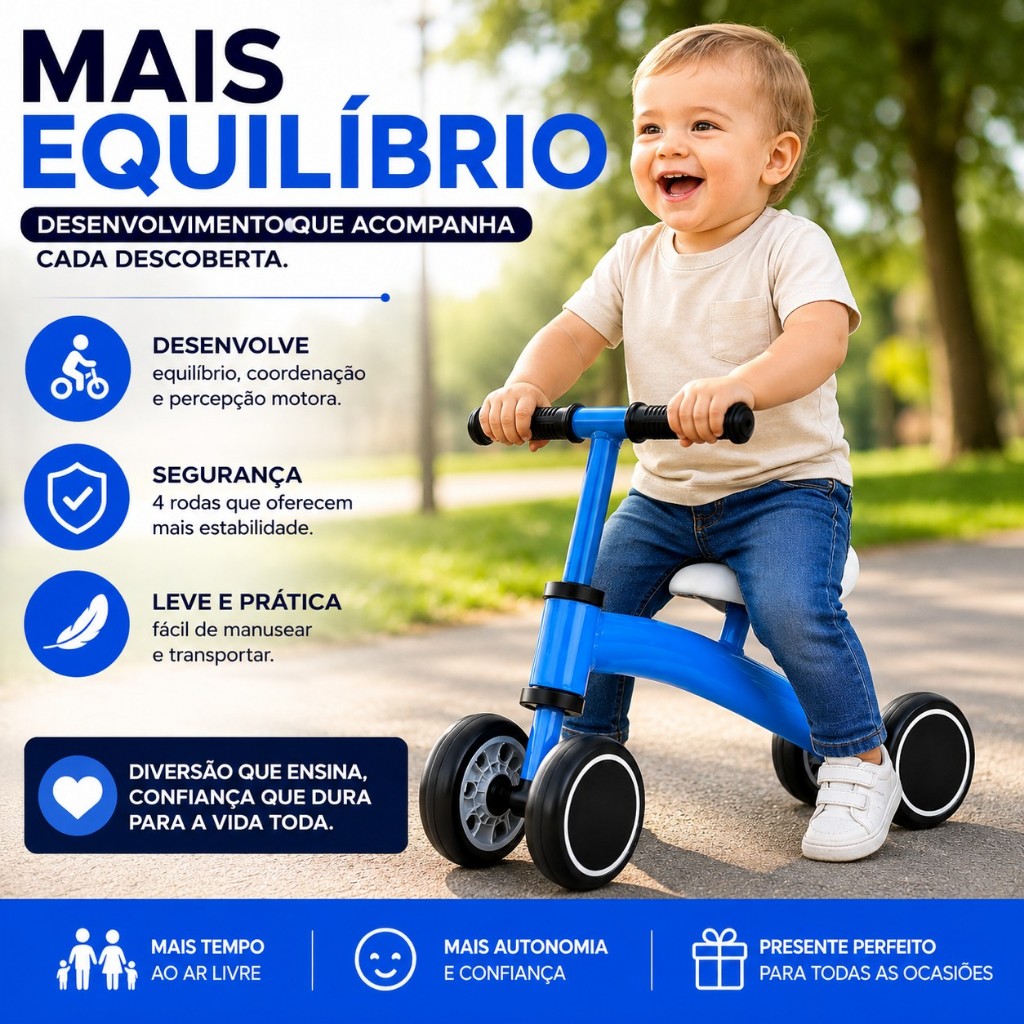 Bicicleta de Equilíbrio Infantil Andador Sem Pedal 4 Rodas +12 Meses Segura e Divertida