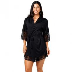 Robe Curto Feminino Luxo com Renda Kimono Roupão Manga 3/4 Confortável Elegante