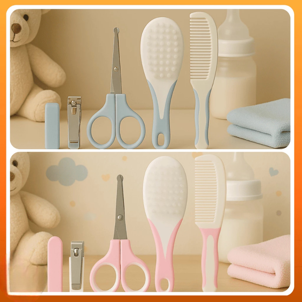 Kit 06 Peças Higiene Pente Cuidados Bebê Cortador Alicate Lixa Limpeza Escova Tesoura Toalha