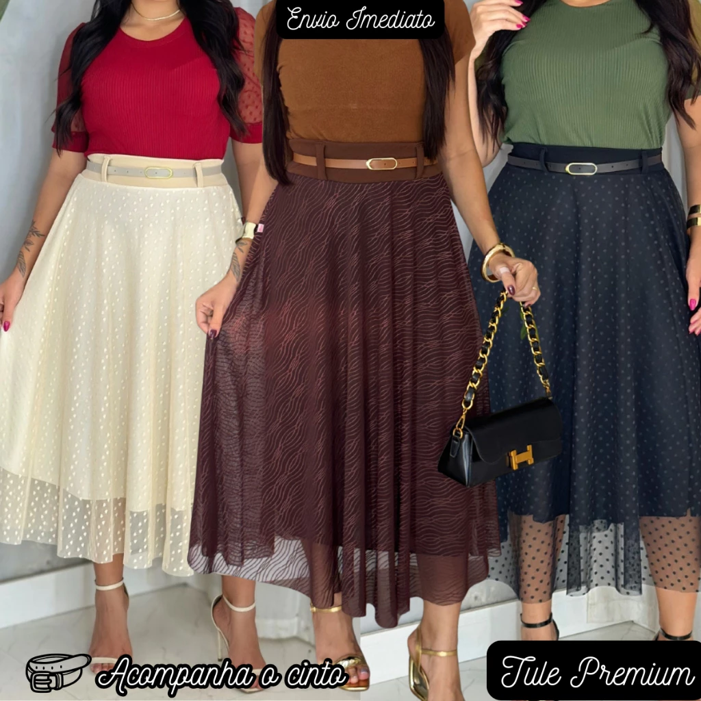Saia Tule Midi Feminina Longa Longuete Moda Evangelica Casual Forrada Cintura Alta Com Cinto — imagem 1