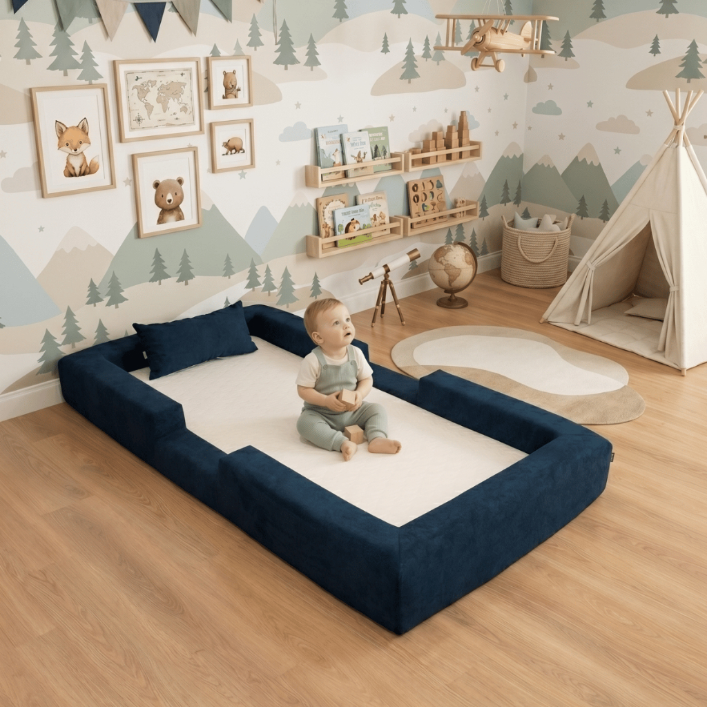 Cama Montessoriana Berço Ninho 100% Espuma Azul Marinho Keiko