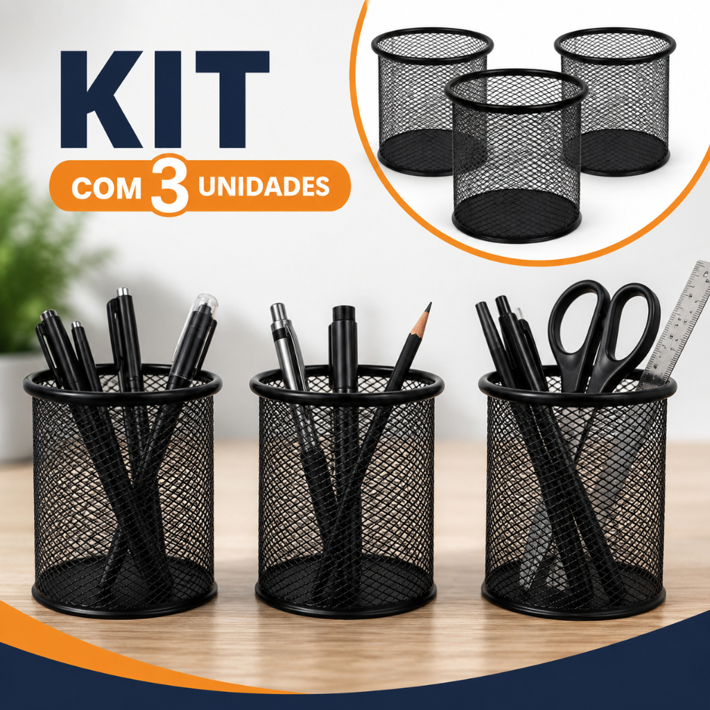 Kit 3 Porta Canetas Aramado Preto - Organizador de Mesa Escritório Aço Suporte Lápis Utensílios Redondo Home Office
