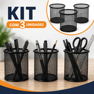 Kit 3 Porta Canetas Aramado Preto - Organizador de Mesa Escritório Aço Suporte Lápis Utensílios Redondo Home Office