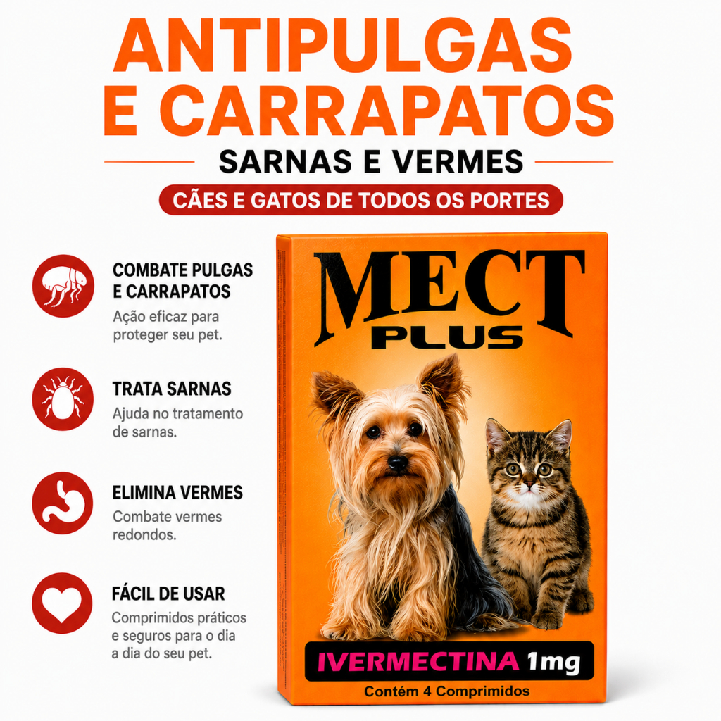 Antipulgas Carrapatos Sarna Vermífugo Ivermectina Mect Plus Cães Gatos 2,5 a 60kg Adultos e Filhotes
